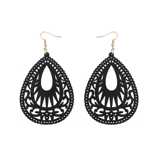 NIHER67 - Black Retro Water Drop Wood Hollow Earrings