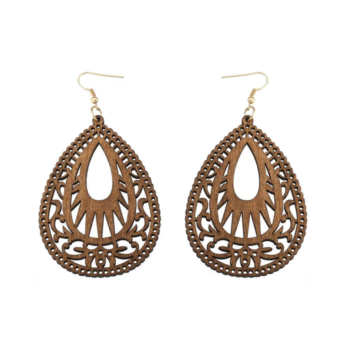 NIHER68 - Brown Retro Water Drop Wood Hollow Earrings