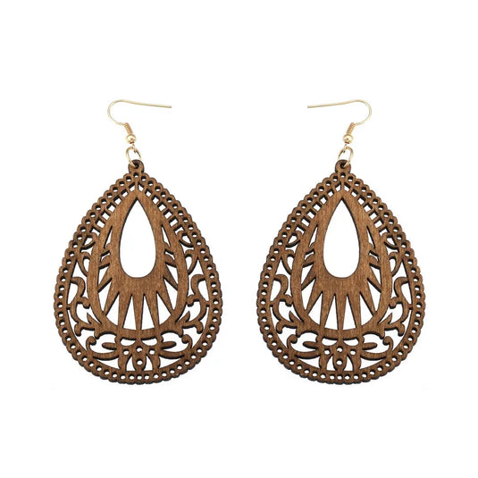 NIHER68 - Brown Retro Water Drop Wood Hollow Earrings