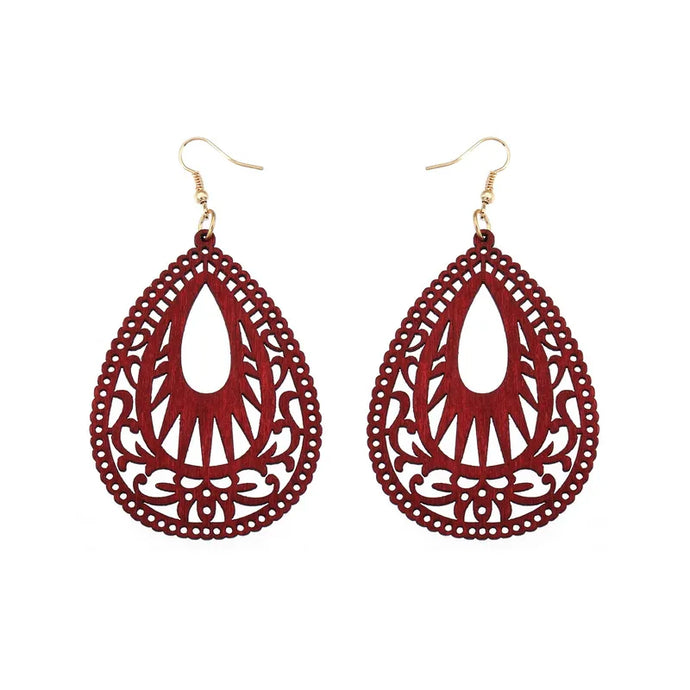 NIHER69 - Wine Red Retro Water Drop Wood Hollow Earrings