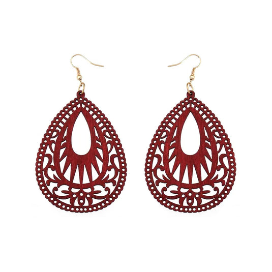 NIHER69 - Wine Red Retro Water Drop Wood Hollow Earrings
