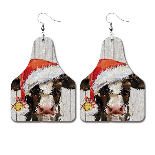 NIHER92 - PU Leather Christmas Cow Earrings
