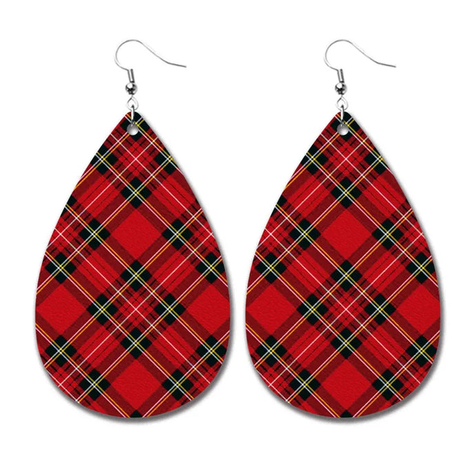 NIHER93 - PU Leather Red Plaid Earrings