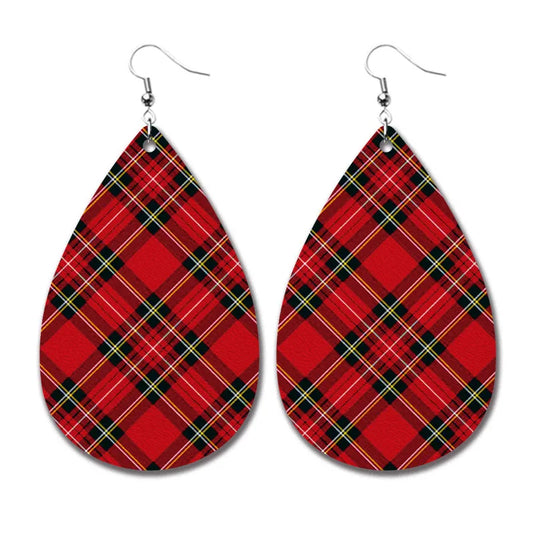 NIHER93 - PU Leather Red Plaid Earrings