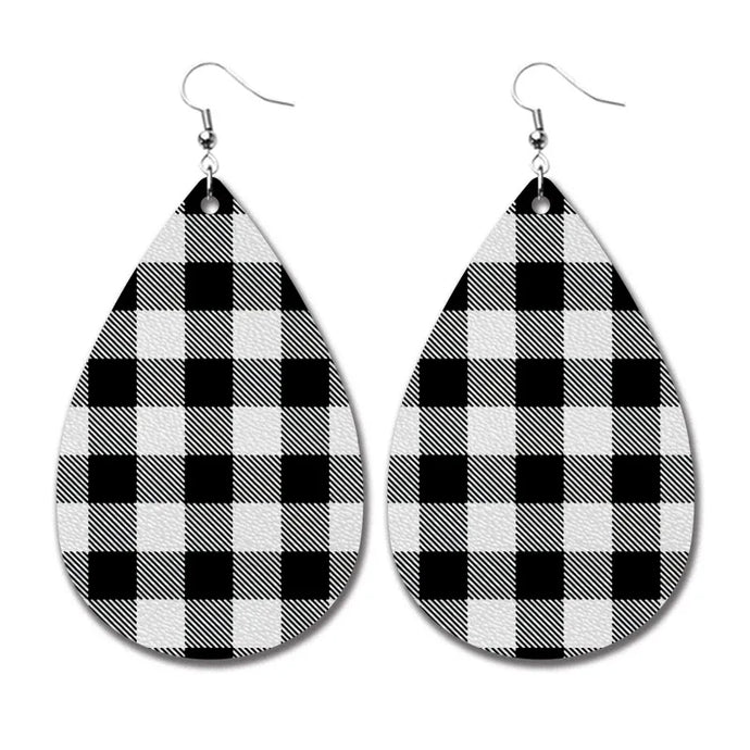 NIHER94 - PU Leather Black Plaid Earrings