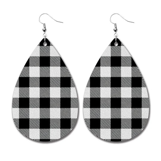 NIHER94 - PU Leather Black Plaid Earrings