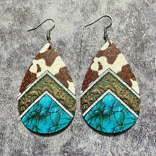 NIHER91 - PU Leather Western Cow Print Teardrop Earrings