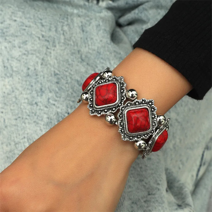 NIHBC39 - Metal Beaded Bracelet w/ Red Square Stones