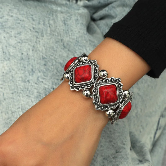 NIHBC39 - Metal Beaded Bracelet w/ Red Square Stones