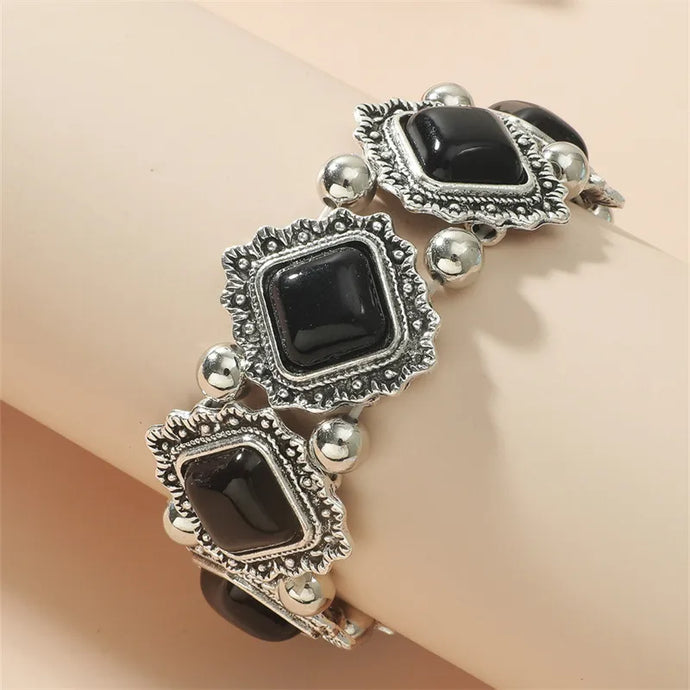 NIHBC40 - Metal Beaded Bracelet w/ Black Square Stones