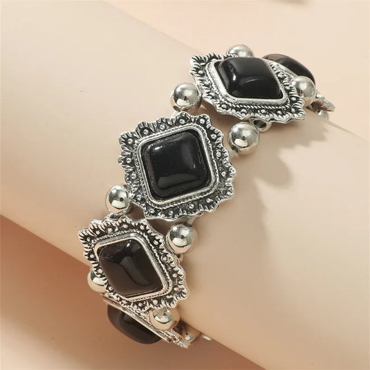 NIHBC40 - Metal Beaded Bracelet w/ Black Square Stones