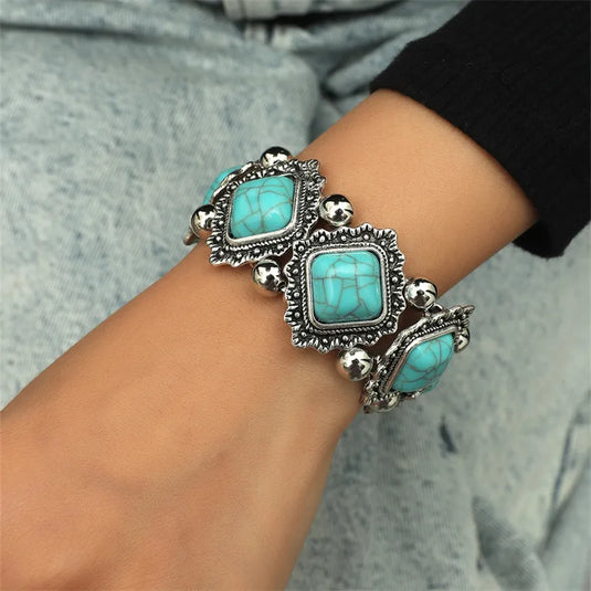 NIHBC41 - Metal Beaded Bracelet w/ Turquoise Square Stones