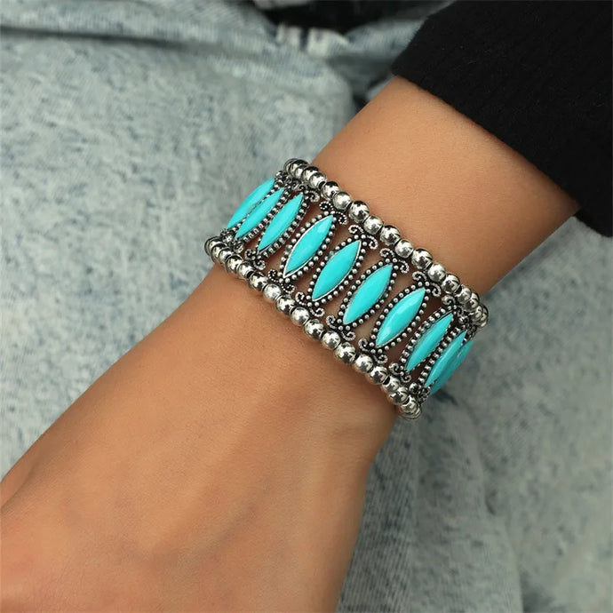 NIHBC38 - Metal Beaded Bracelet w/ Turquoise Oval Stones