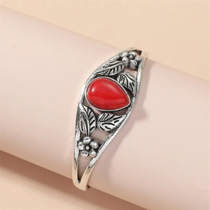 NIHBC37 - Retro Leaf Water Droplet Red Stone Bracelet