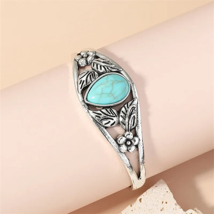 NIHBC36 - Retro Leaf Water Droplet Turquoise Stone Bracelet