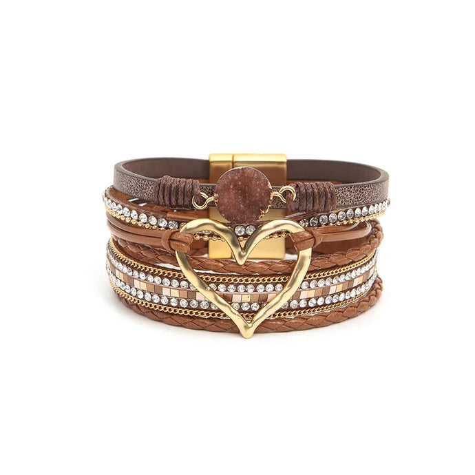 NIHBC57 - Dark Coffee Multi Layer Heart PU Leather Bracelet