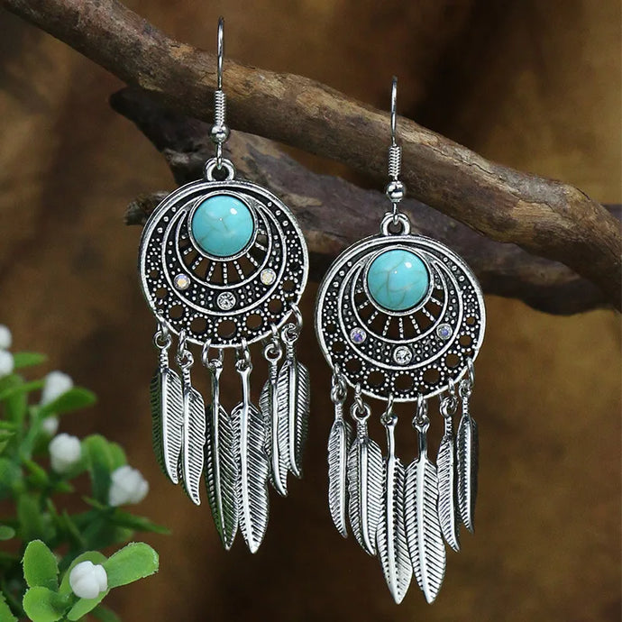 NIHER14 - Round Feather Drop Earrings With Stones