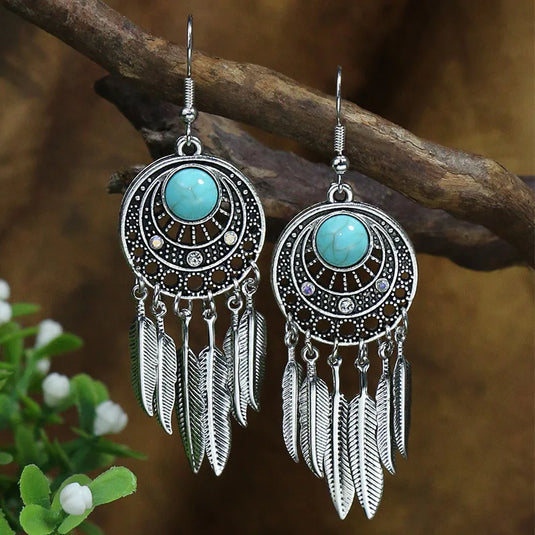 NIHER14 - Round Feather Drop Earrings With Stones