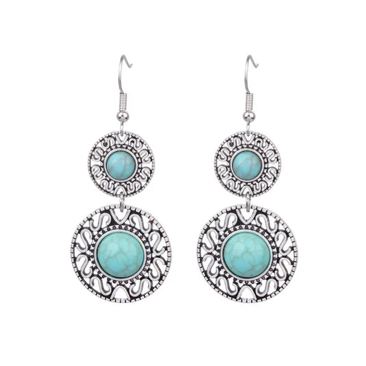 NIHER137 - Ethnic Double Circle Drop Turquoise Earrings