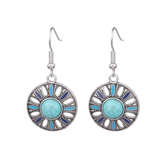 NIHER158 - Geometric Round Color Block Earrings W/Turquoise Stone