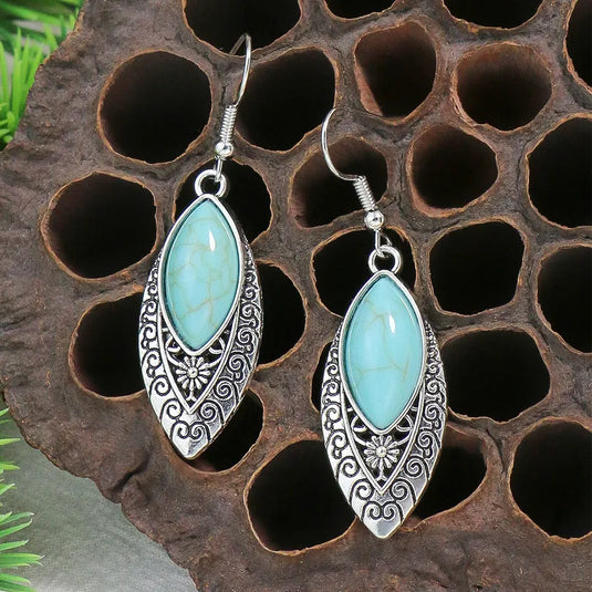 NIHER155 - Ethnic Style Silver Swirl Drop Earrings W/ Turquoise Inlay
