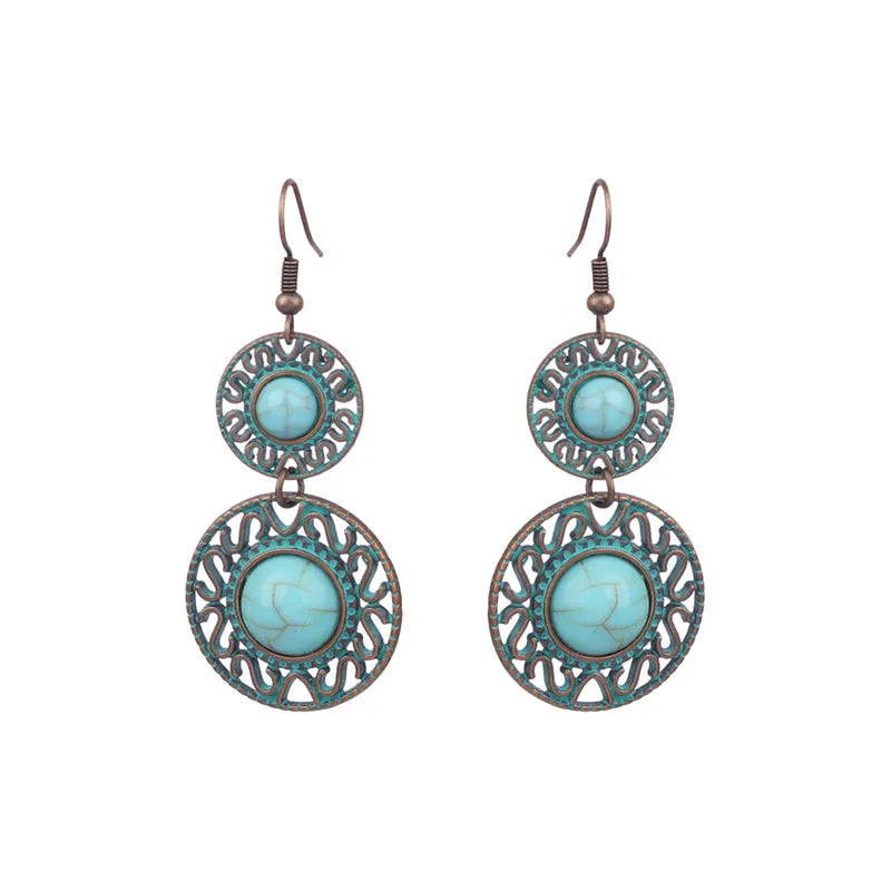 Load image into Gallery viewer, NIHER31 - Rustic Double Circle Drop Turquoise Earrings
