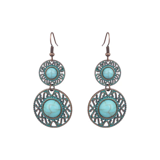 NIHER31 - Rustic Double Circle Drop Turquoise Earrings