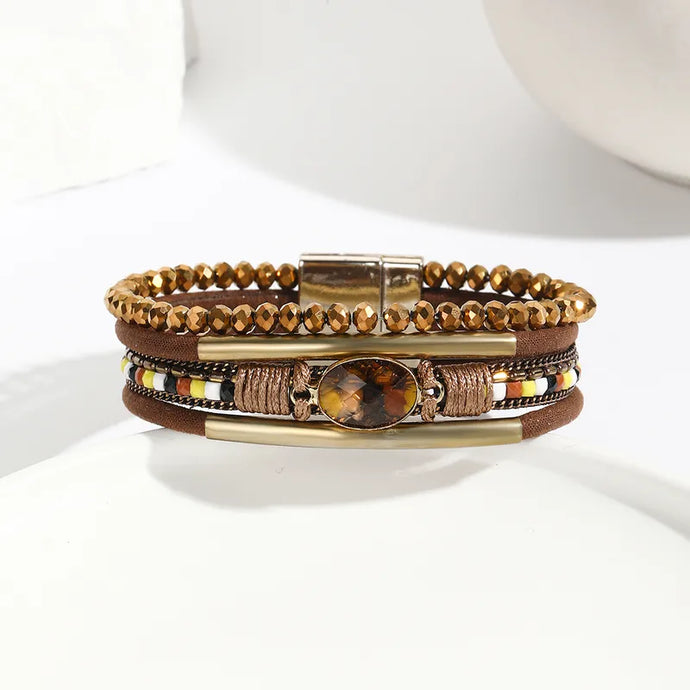 NIHBC24 - One Piece Brown Multi Layer Bracelet With Brown Stone