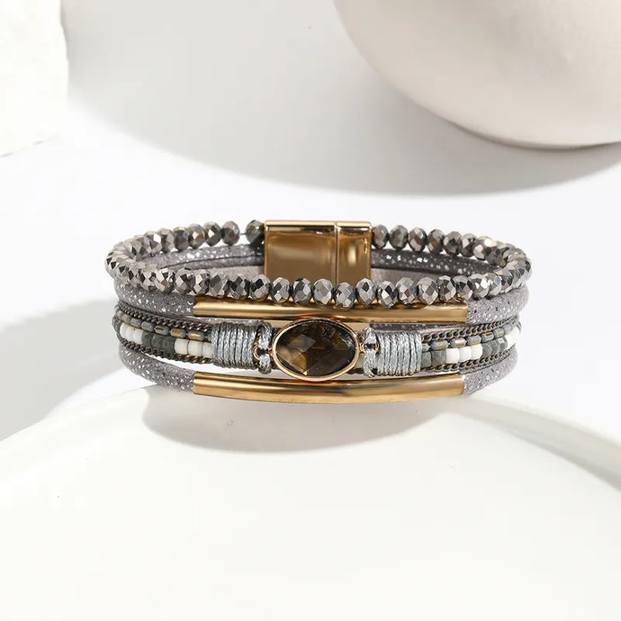 NIHBC26 - One Piece Silver Multi Layer Bracelet With Chocolate Stone