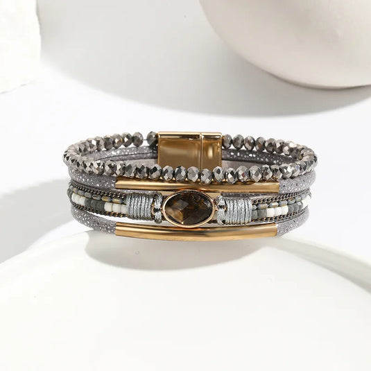 NIHBC26 - One Piece Silver Multi Layer Bracelet With Chocolate Stone