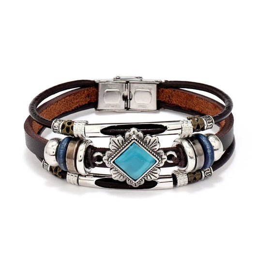 NIHBC60 - Geometric Brown Multi Layer PU Leather Square Turquoise Bracelet