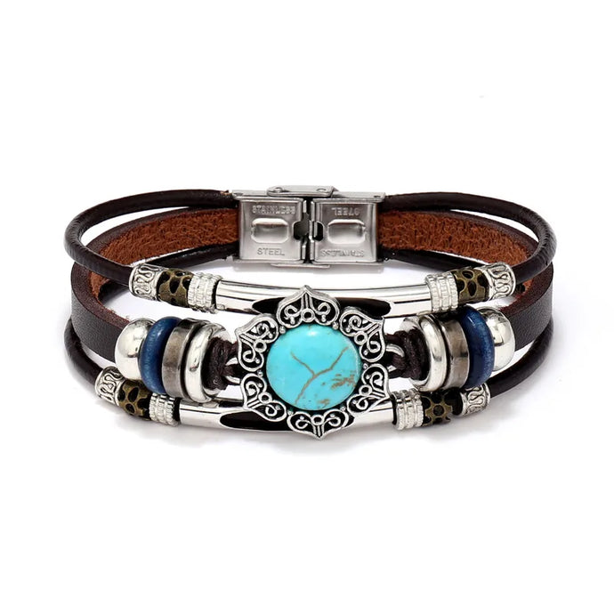 NIHBC59 - Geometric Brown Multi Layer PU Leather Turquoise Bracelet