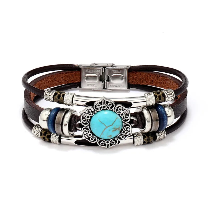 Load image into Gallery viewer, NIHBC59 - Geometric Brown Multi Layer PU Leather Turquoise Bracelet
