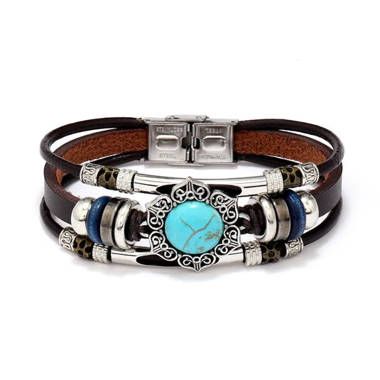 NIHBC59 - Geometric Brown Multi Layer PU Leather Turquoise Bracelet