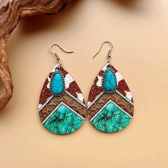 NIHER46 - Wooden Cow Print Earrings with Turquoise Inlay