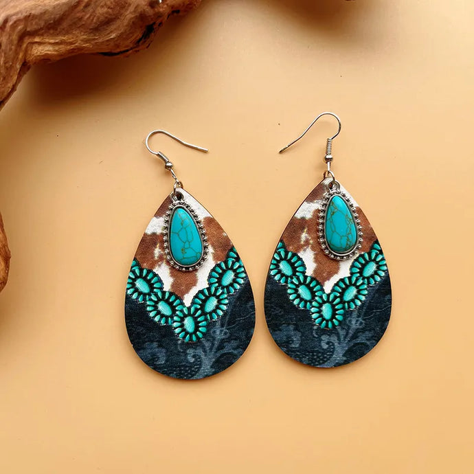 NIHER47 - Wooden Cow Print Earrings with Turquoise Inlay