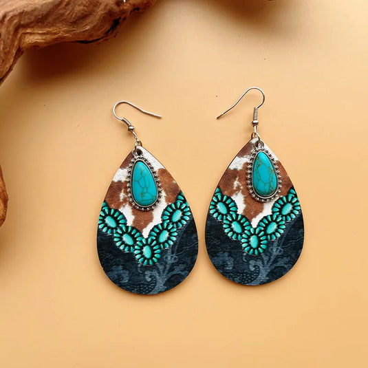 NIHER47 - Wooden Cow Print Earrings with Turquoise Inlay