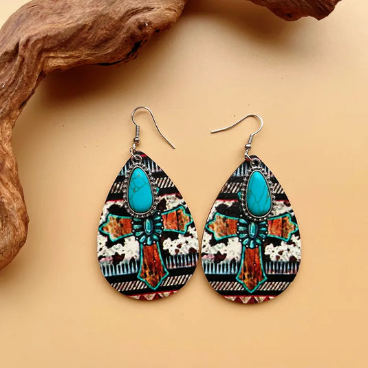 NIHER48 - Wooden Cross Print Earrings with Turquoise Inlay