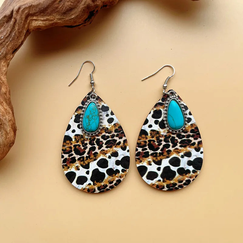 Load image into Gallery viewer, NIHER77 - Wood Animal Print With Turquoise Earrings

