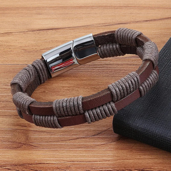 NIHBC65 - Titanium Steel Woven PU Leather Wrapped Bracelet