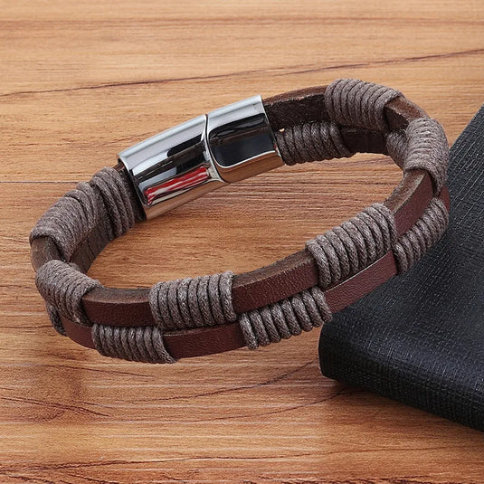 NIHBC65 - Titanium Steel Woven PU Leather Wrapped Bracelet