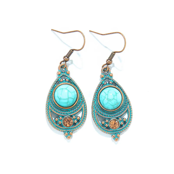 NIHER54 - Distressed Tear Drop Earrings With Turquoise Inlay