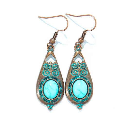 NIHER53 - Distressed Metal Earrings With Turquoise Inlay