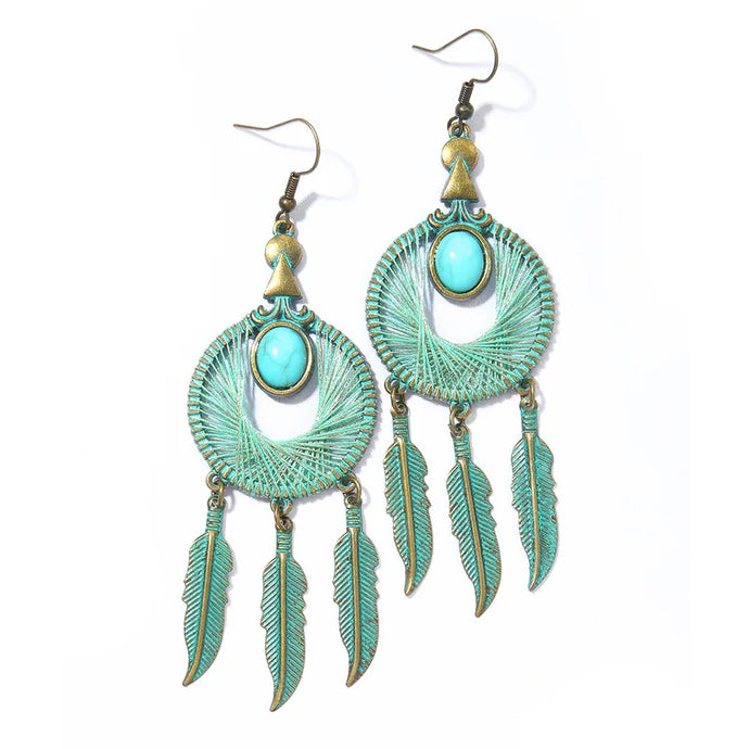 NIHER56 - Distressed Dream Catcher Earrings With Turquoise Inlay
