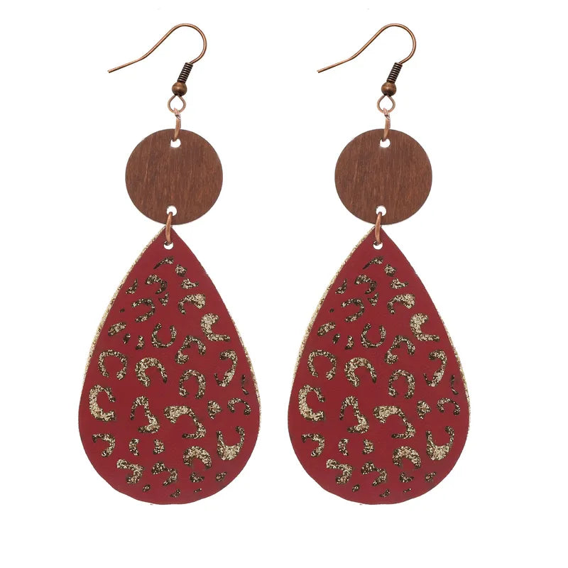 Load image into Gallery viewer, NIHER61 - Contrasting Red PU Leather &amp; Wood Earrings

