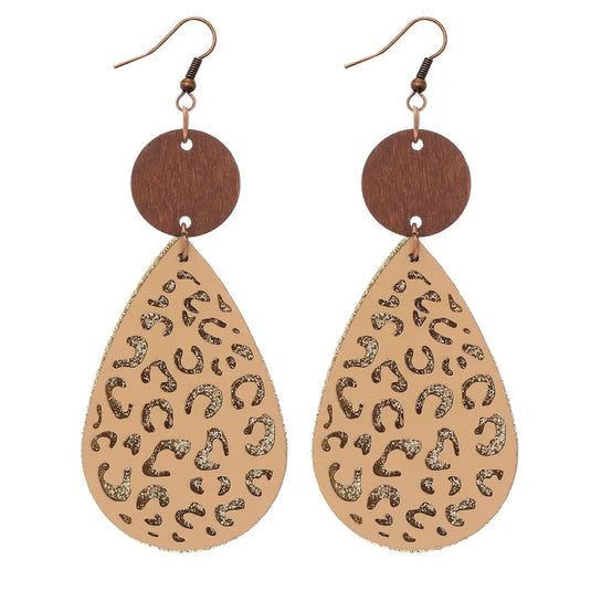 NIHER60 - Contrasting Tan PU Leather & Wood Earrings