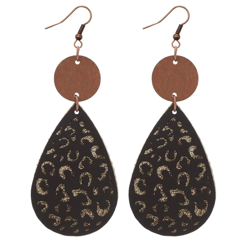 Load image into Gallery viewer, NIHER62 - Contrasting Black PU Leather &amp; Wood Earrings
