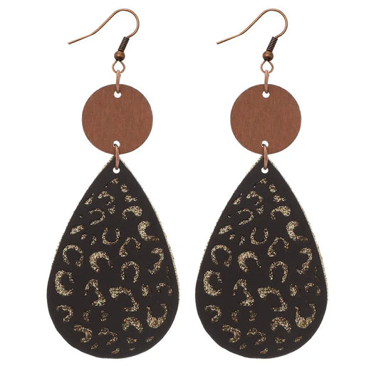 NIHER62 - Contrasting Black PU Leather & Wood Earrings