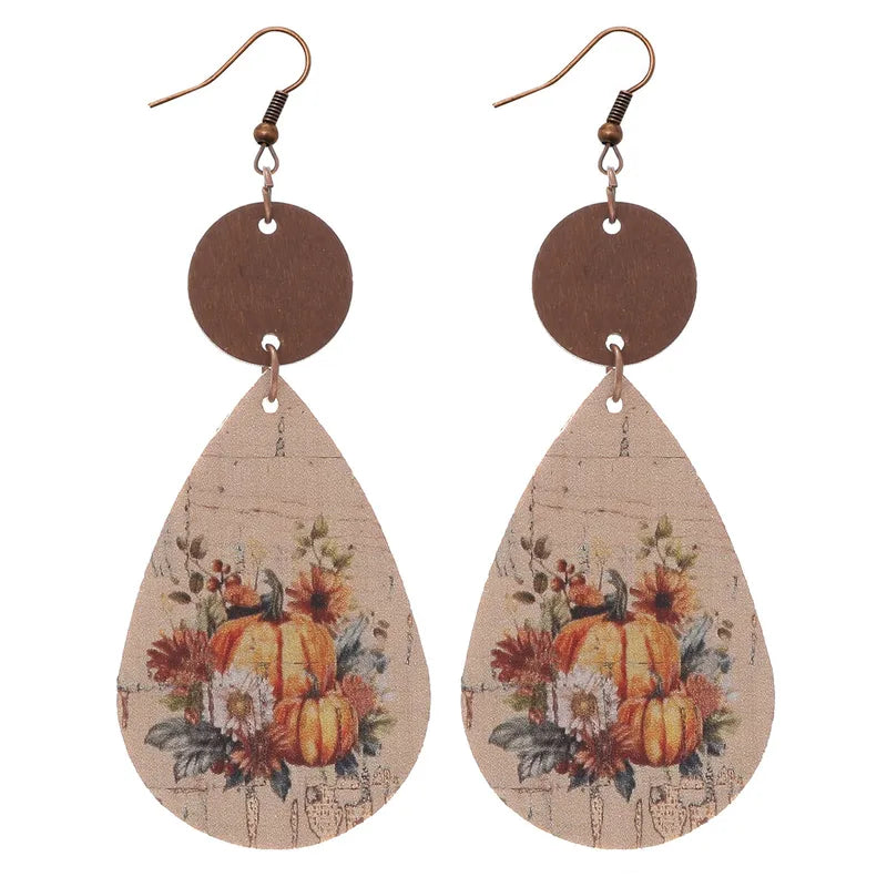 Load image into Gallery viewer, NIHER49 - PU Leather Fall Pumpkin Print Earrings
