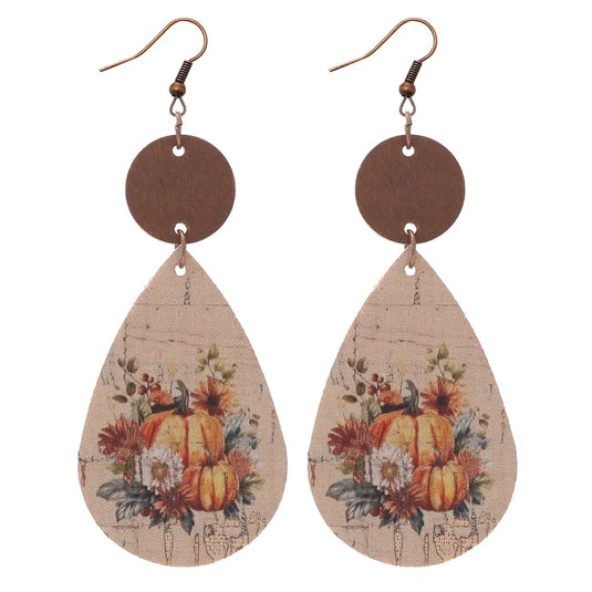 NIHER49 - PU Leather Fall Pumpkin Print Earrings
